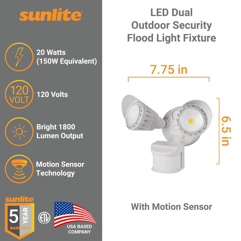 Sunlite ضوء أمان خارجي LED من صنلايت 88918 مع مستشعر حركة، 20 واط، 1800 لومن، 3000 كلفن أبيض دافئ، 80 CRI، مدرج من ETL، أبيض، للمداخل، الشرفات والمرائب - Image 2
